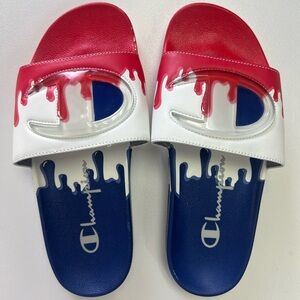 Champion Red White and Blue Drip Slides, Size 8